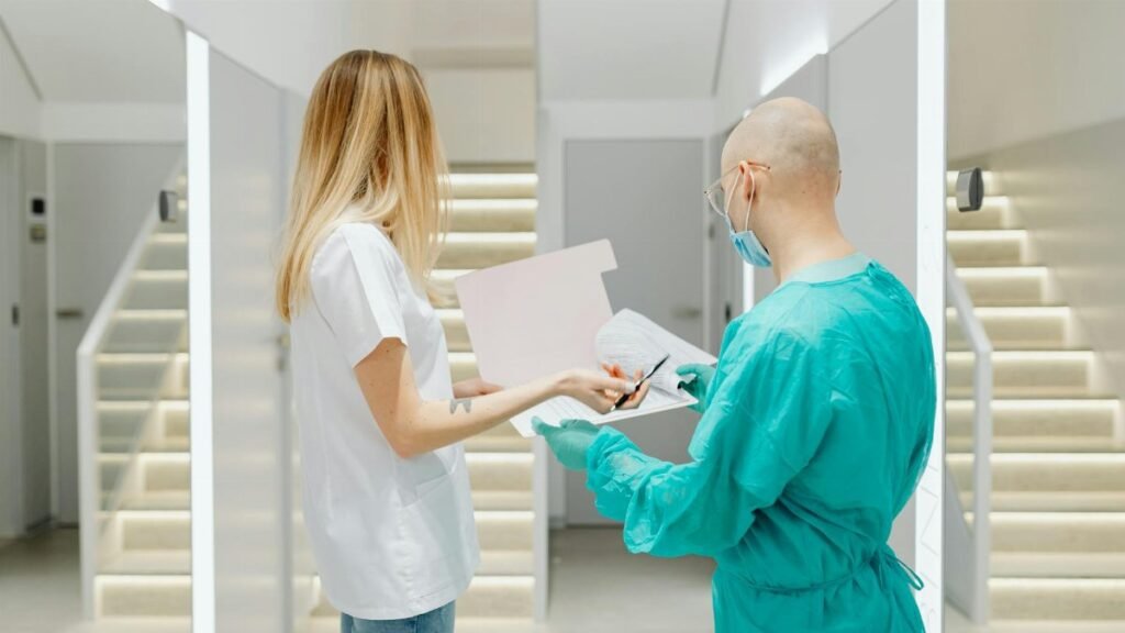 Doctors collaborating in a bright clinic, highlighting teamwork and healthcare.
