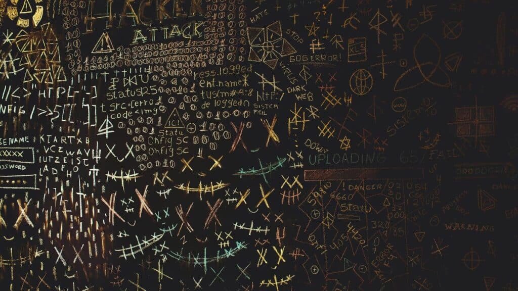 Complex chalkboard art featuring hacking symbols, codes, and geometric patterns.