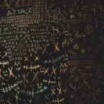 Complex chalkboard art featuring hacking symbols, codes, and geometric patterns.