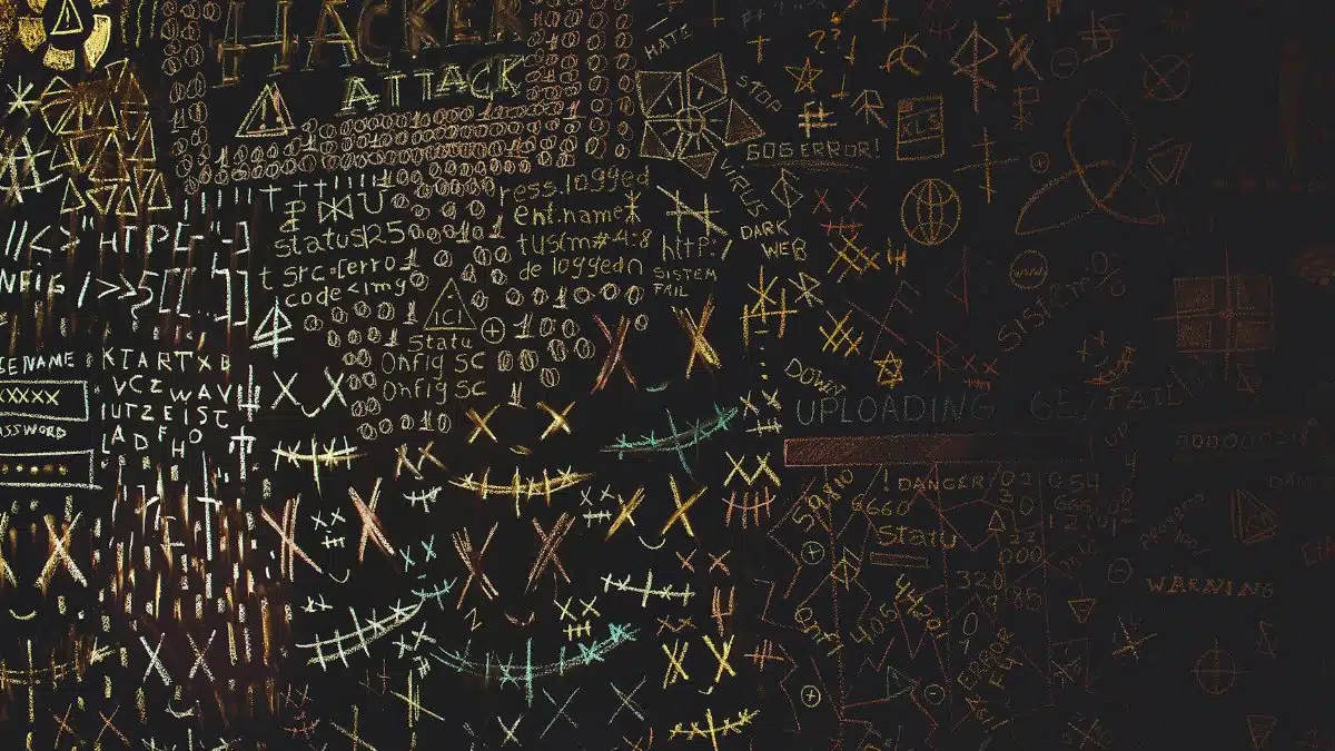 Complex chalkboard art featuring hacking symbols, codes, and geometric patterns.