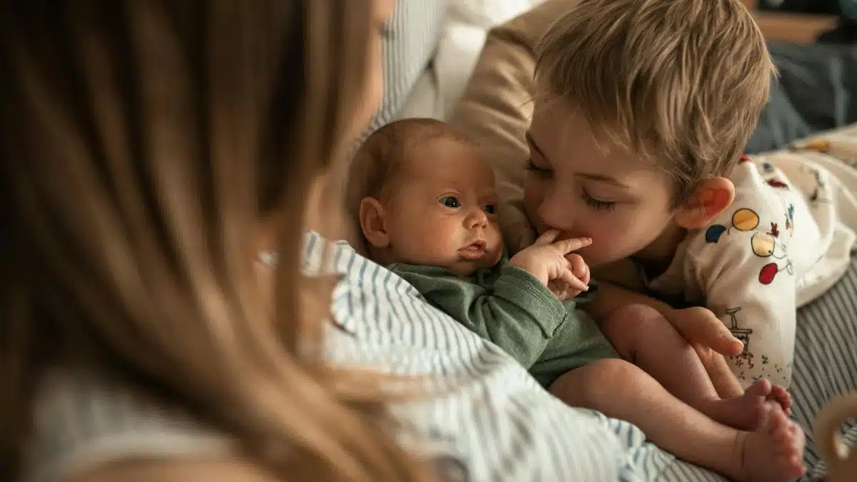 A heartwarming moment as a young child embraces a newborn sibling with mother nearby.