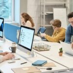Team collaboration in a modern office setting with computers and diverse employees working together.