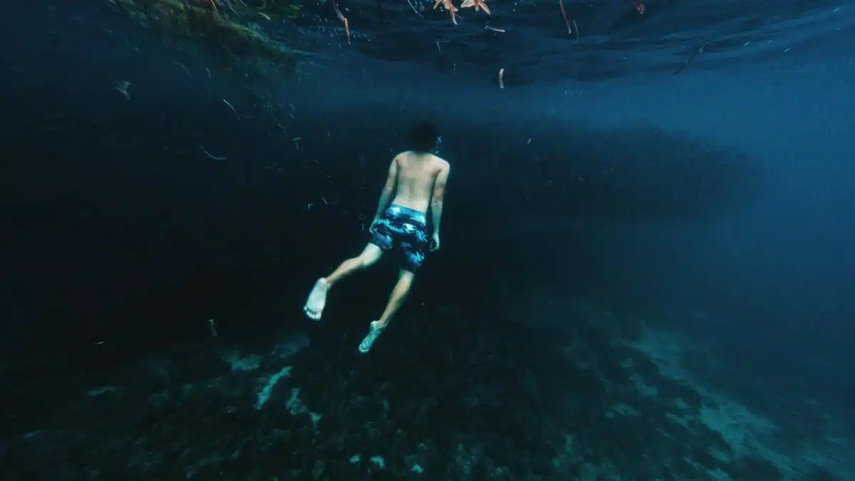 A diver swims in deep blue ocean waters alongside a school of fish, capturing the essence of underwater exploration.