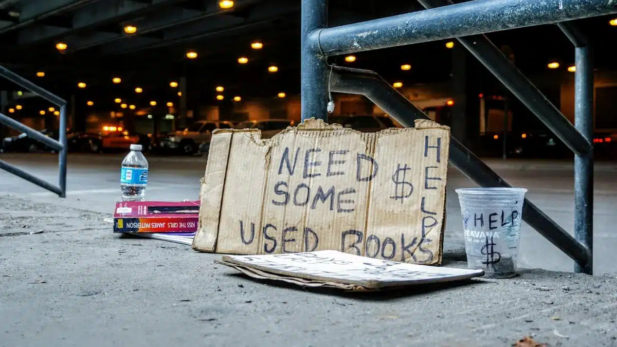 A help sign and used books in an urban setting highlight poverty in Chicago.