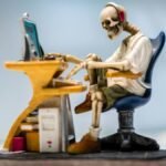 A quirky skeleton figurine wearing headphones sits at a desk with a computer, symbolizing burnout.
