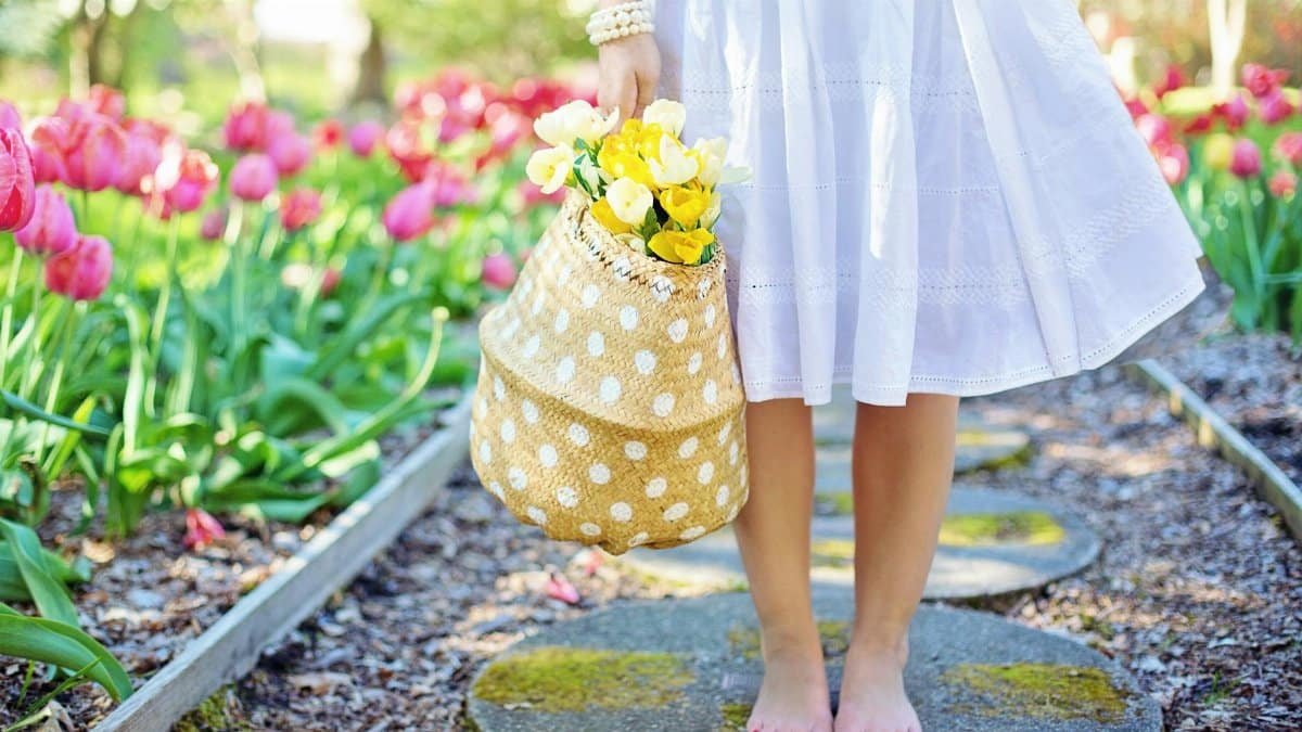A woman in a white dress carries a basket of yellow flowers while walking barefoot in a tulip garden.