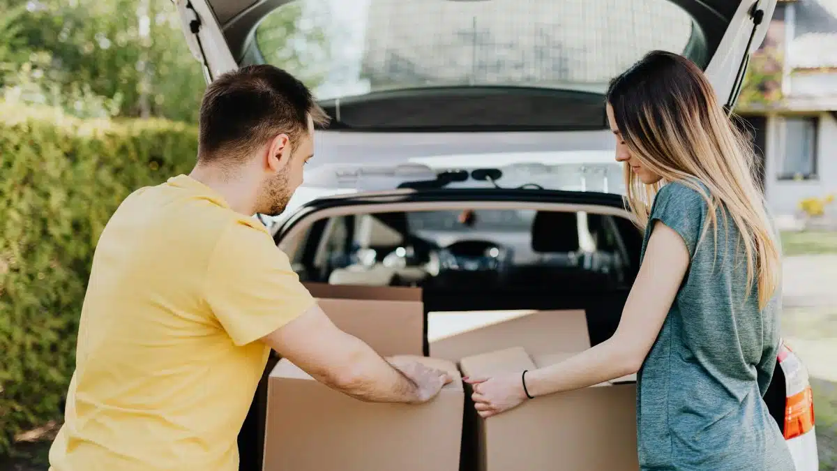 A couple loading cardboard boxes into a car trunk for moving day.