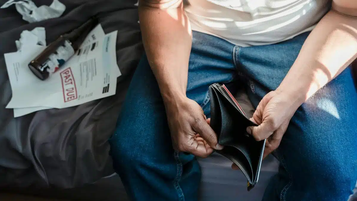 Depicts financial stress with overdue bills and empty wallet.