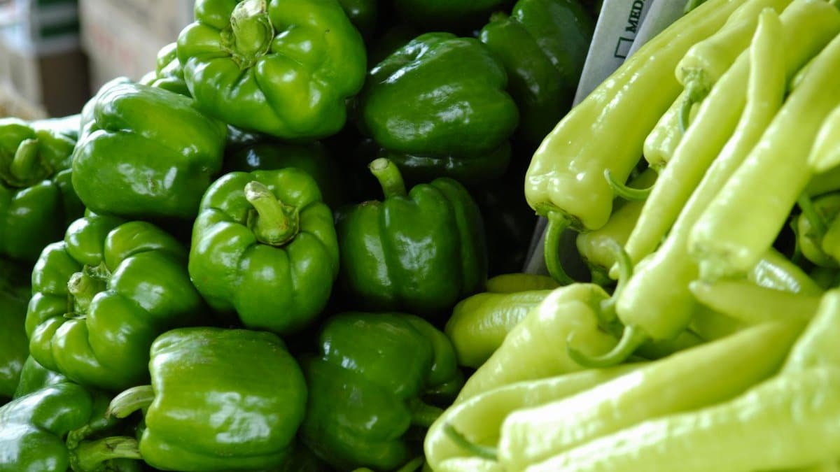 Close-up of fresh green bell peppers and chili peppers, showcasing vibrant and organic produce in a market setting.