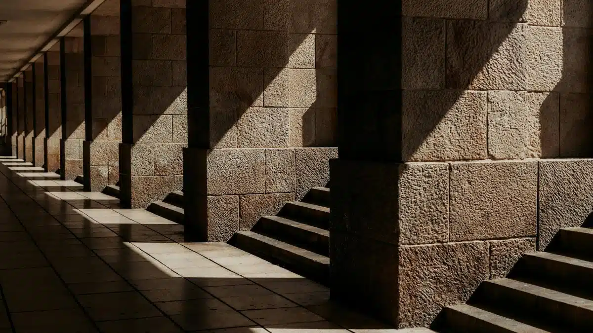 Sunlight creates patterns on stone columns and steps in this architectural corridor scene.