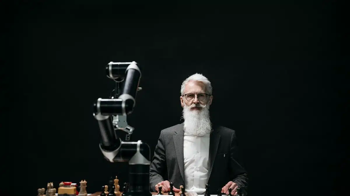 A bearded man in suit playing chess with robotic arm, showcasing AI strategy.