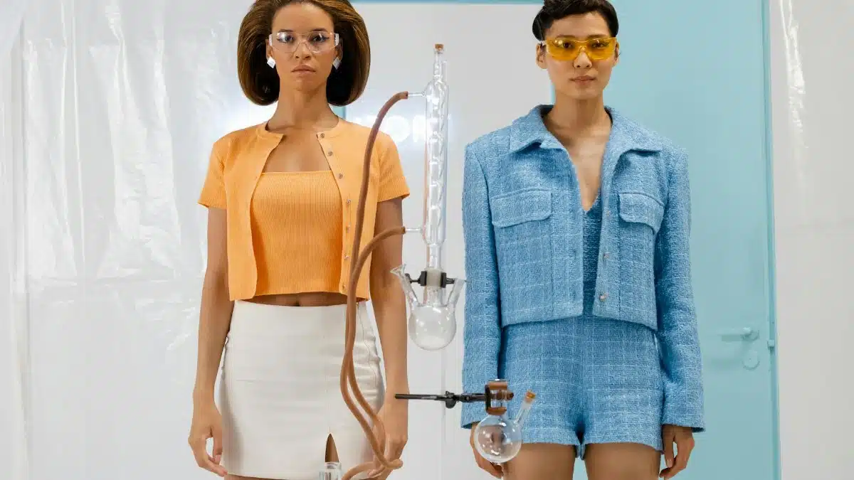 Two fashionable women in a futuristic lab setting, merging science and style.