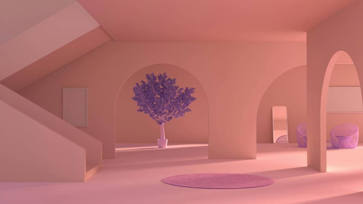 A serene minimalist interior space with arched openings and violet accents, perfect for modern design inspiration.