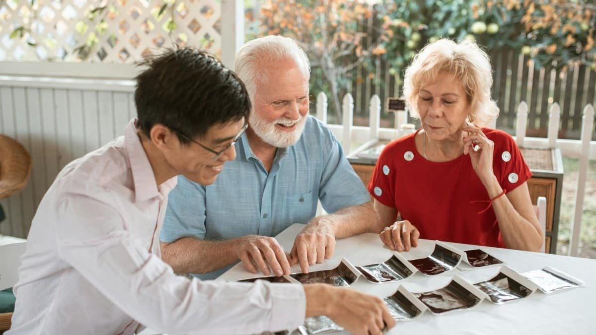 A group enjoying an outdoor moment while going through ultrasound images.