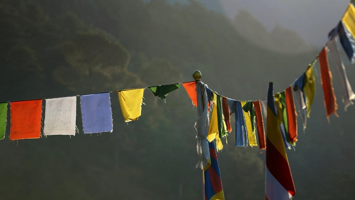 Vibrant Buddhist prayer flags hanging against a serene mountain backdrop in Himachal Pradesh, India.