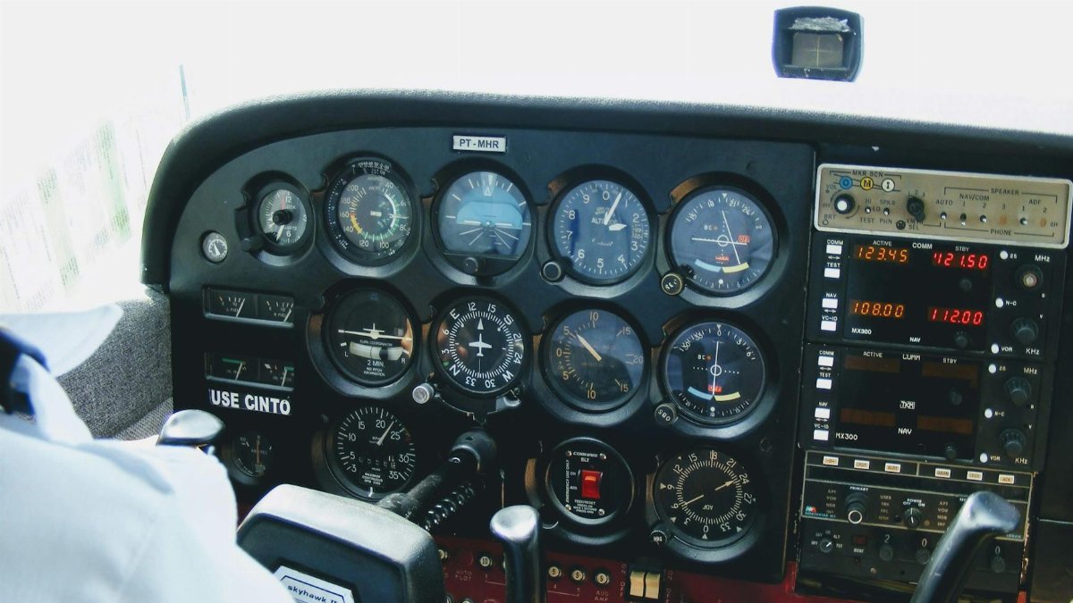 Detailed view of an aircraft cockpit showcasing various control meters and technology.