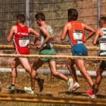 A team of male athletes competing in an outdoor cross-country race on a sunny day.
