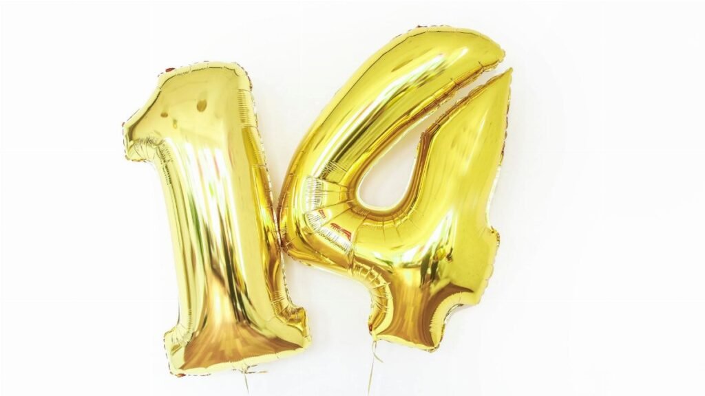 Shiny gold metallic number 14 balloons on a white background, perfect for celebrations.