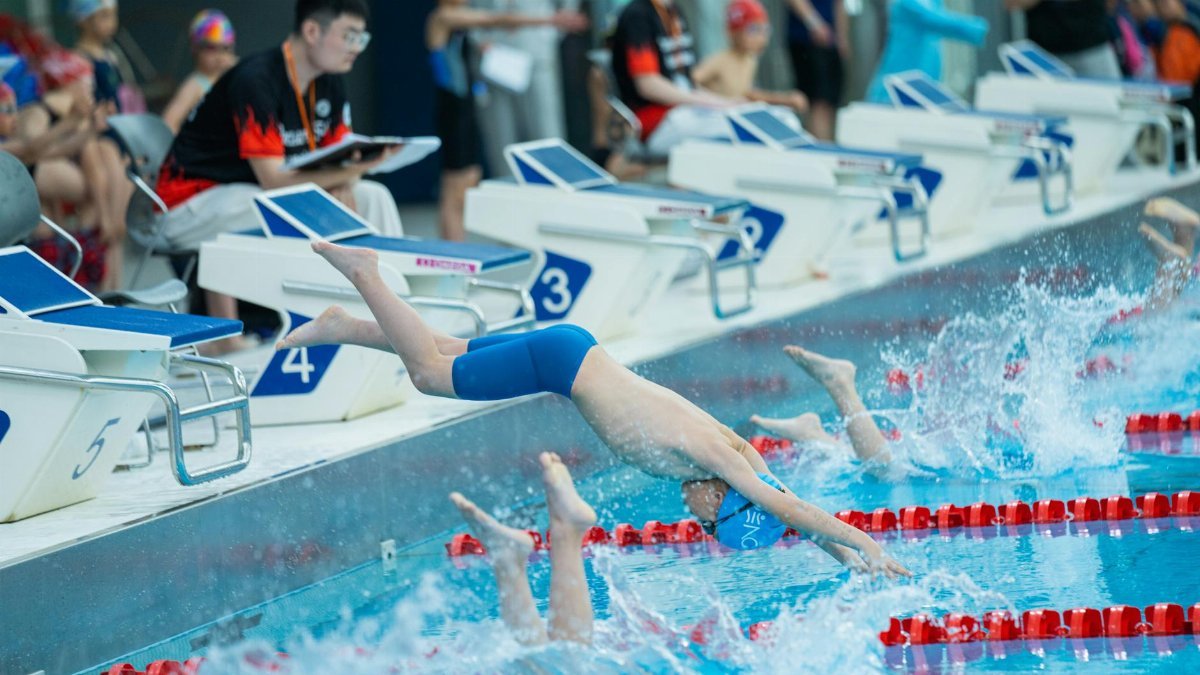 Young swimmers dive into a pool at the start of a competitive race, showcasing athletic prowess and teamwork.