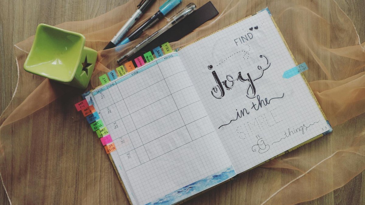 Flat lay of an open bullet journal with pens on a wooden desk, expressing creativity and planning.