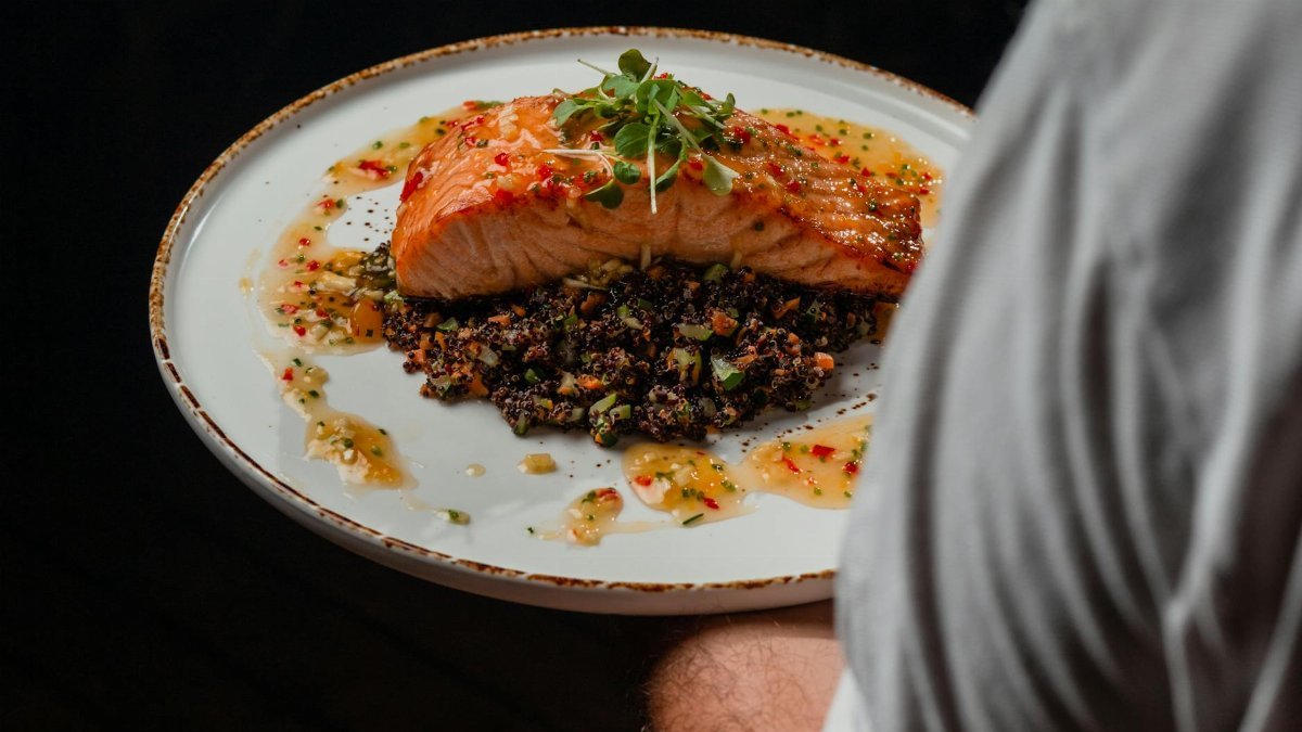 Plate of grilled salmon on quinoa salad served with a light sauce garnish on a white plate.