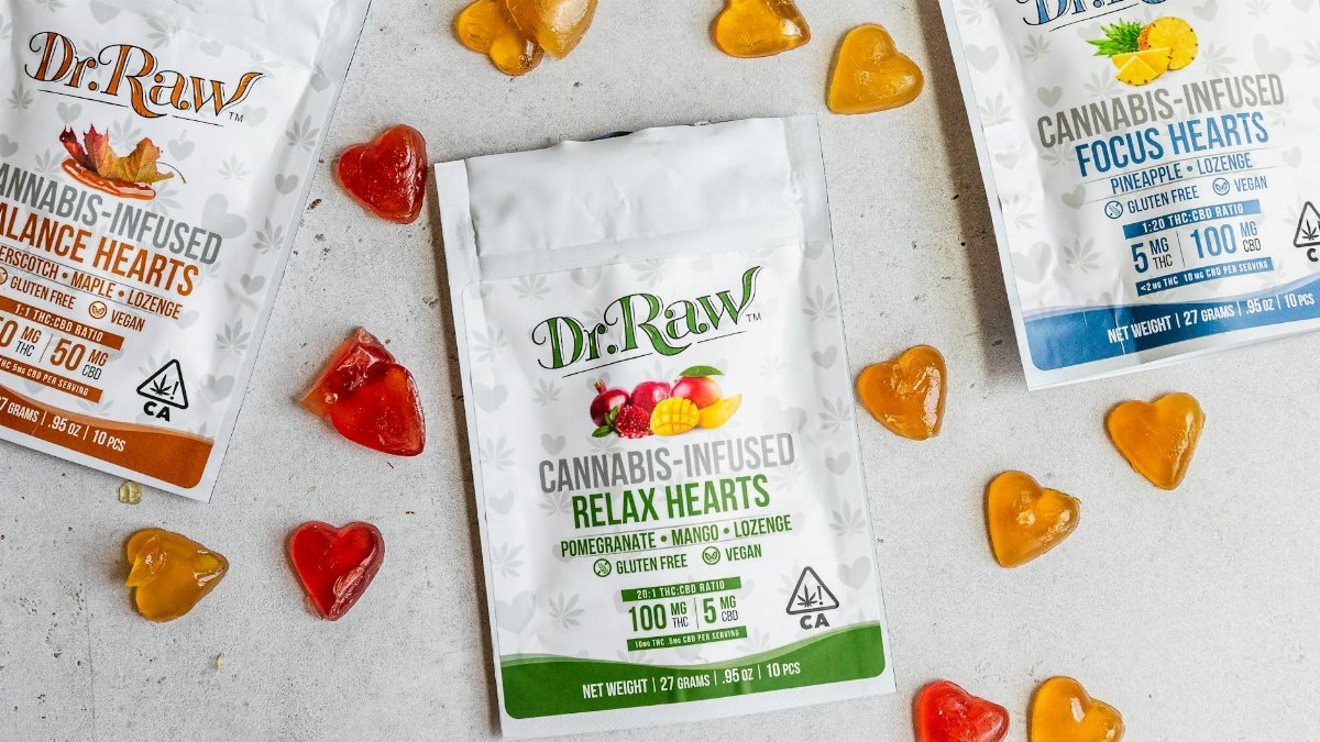 Colorful cannabis-infused gummies and packages arranged on a white background.