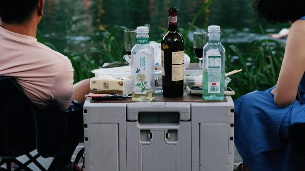Two people enjoying a lakeside picnic with drinks and snacks on a summer day.