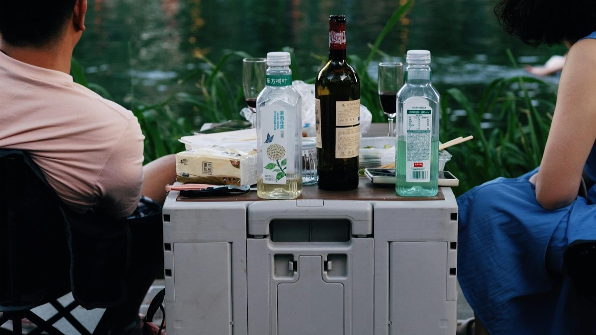 Two people enjoying a lakeside picnic with drinks and snacks on a summer day.
