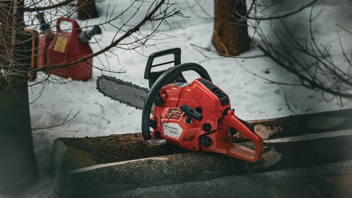 Red chainsaw resting on snow-covered tree logs in a winter forest setting.