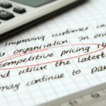 Focused image of handwritten business notes with calculator emphasizing pricing strategy.