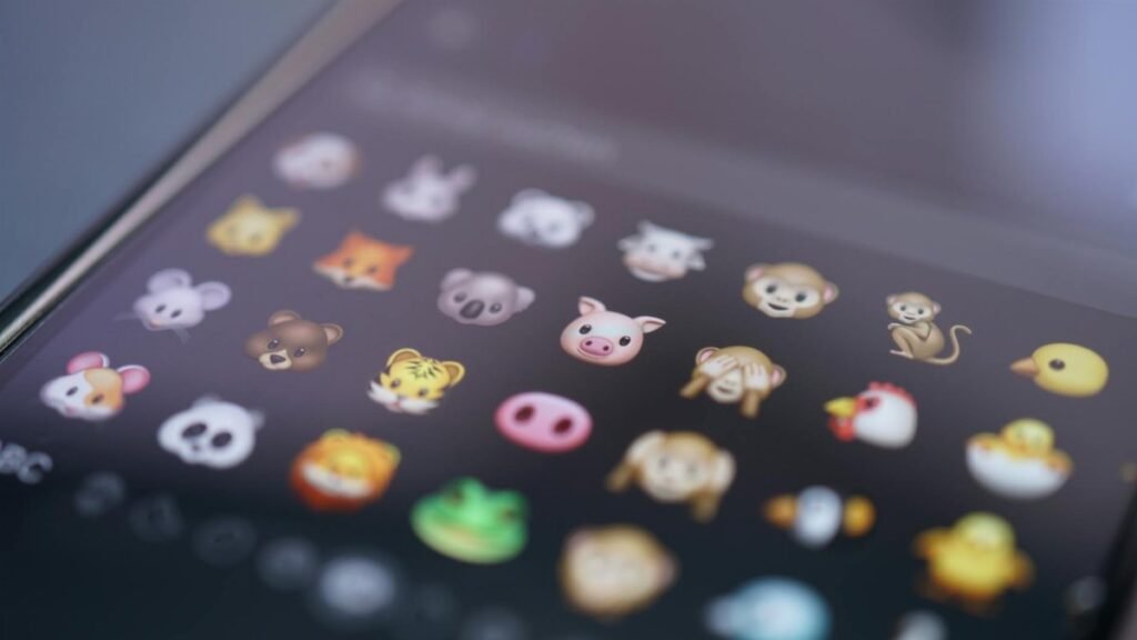 Close-up view of various animal emojis displayed on a smartphone screen, representing digital communication.