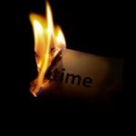 A close-up of a paper with the word 'time' burning against a dark background.
