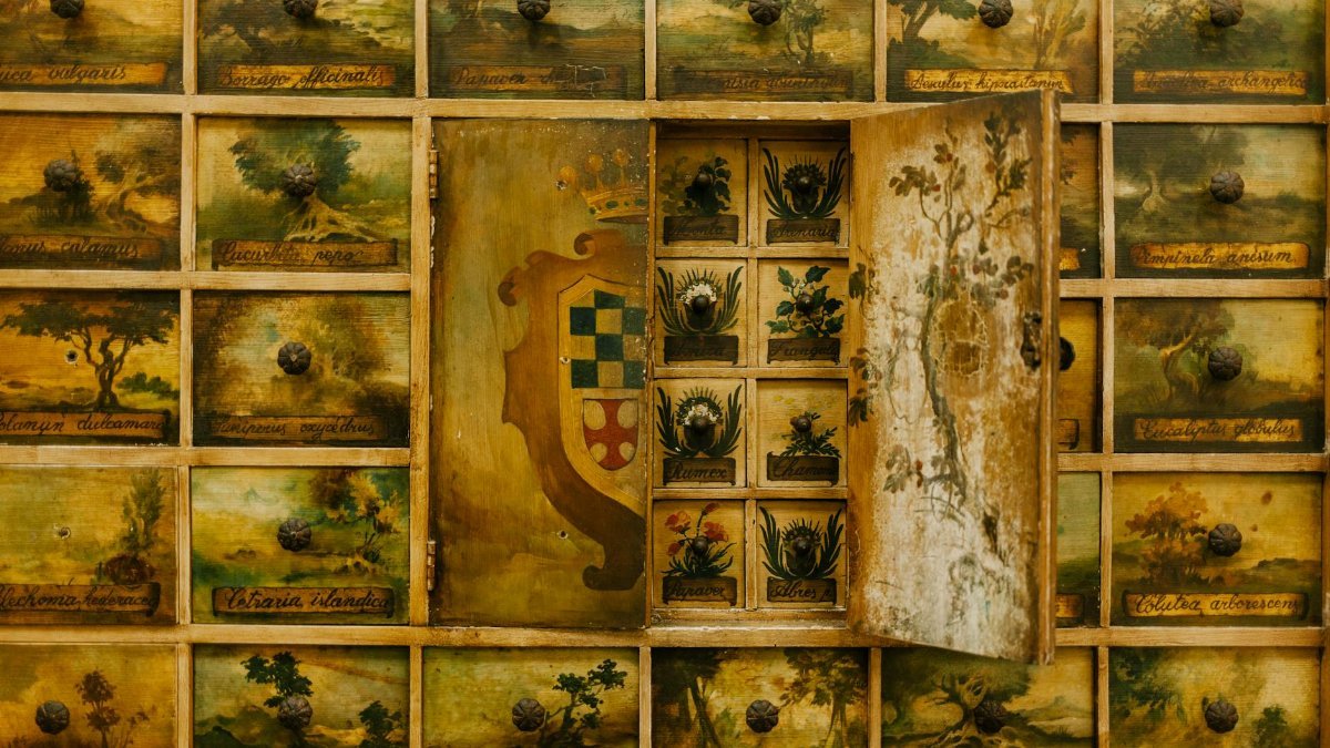 Wall with different paintings on cabinet doors with coat of arms in historical style