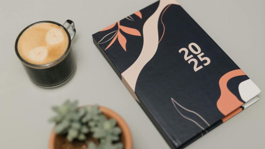 A modern 2025 planner next to a cup of coffee and a potted succulent on a neutral background.
