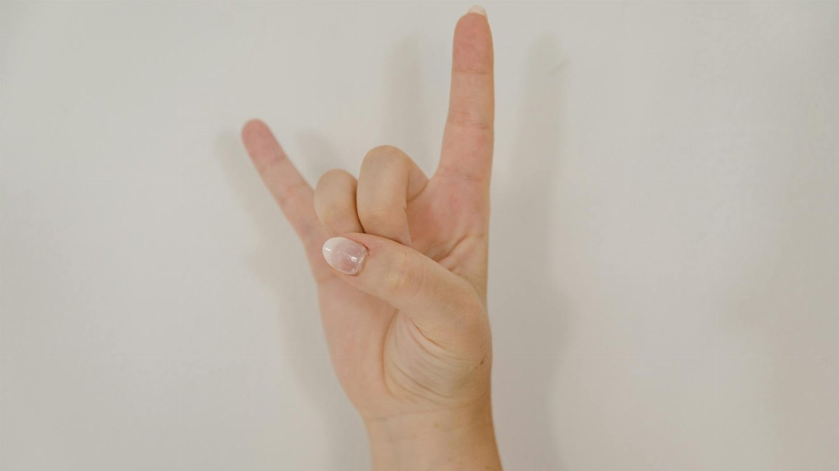 Close-up of hand making 'I Love You' gesture in American Sign Language against white background.