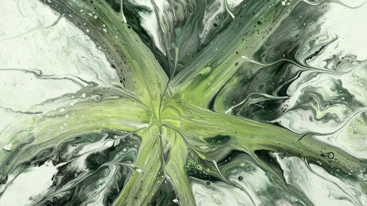 Abstract painting with green and black swirls creating a star-like shape.