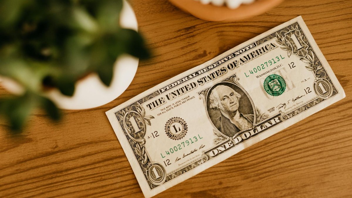 A US one dollar bill placed on a wooden table with a blurred plant nearby.
