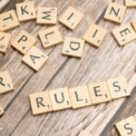 Wooden letter tiles arranged to spell 'Rules' on a textured wooden background.
