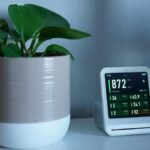 A modern air quality monitor next to a green plant on an indoor table, measuring CO2 levels.