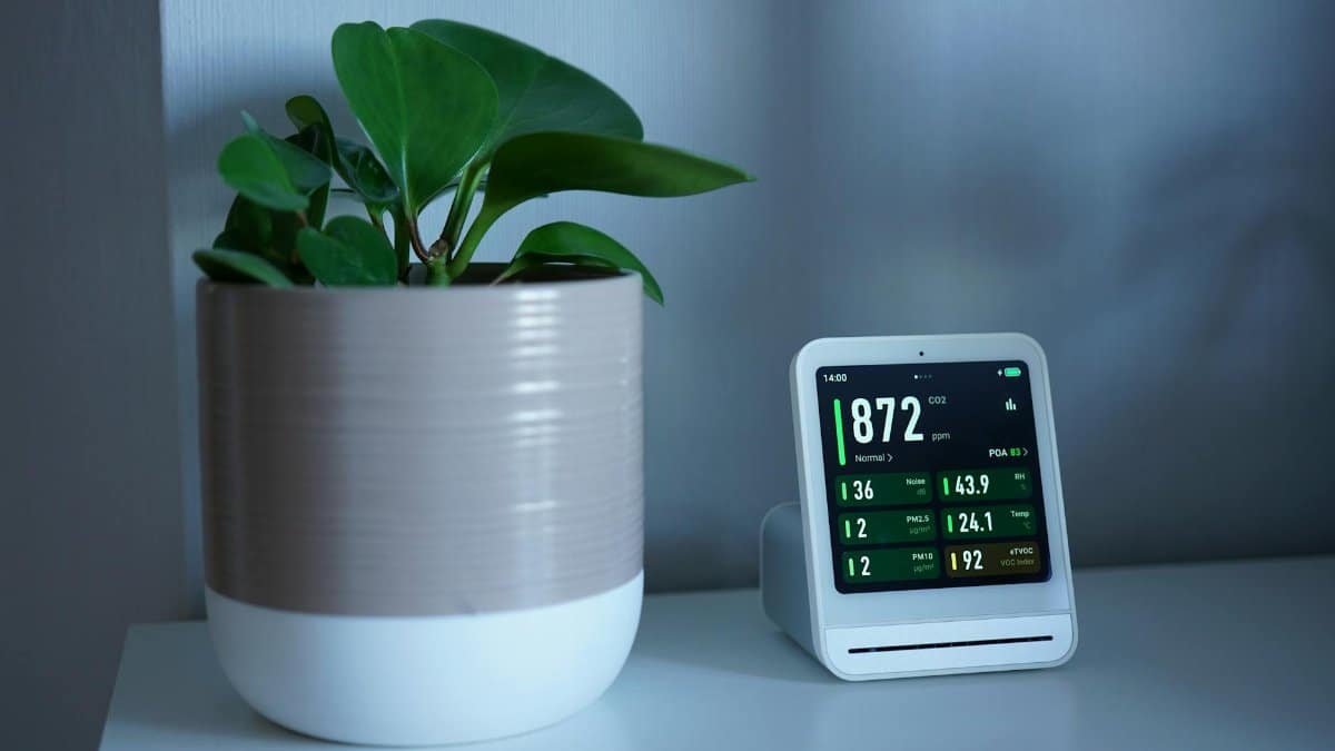 A modern air quality monitor next to a green plant on an indoor table, measuring CO2 levels.