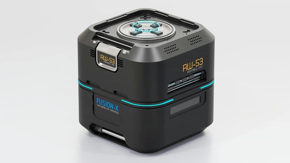 Modern RW-53 portable fusion energy unit showcased against a clean white background.