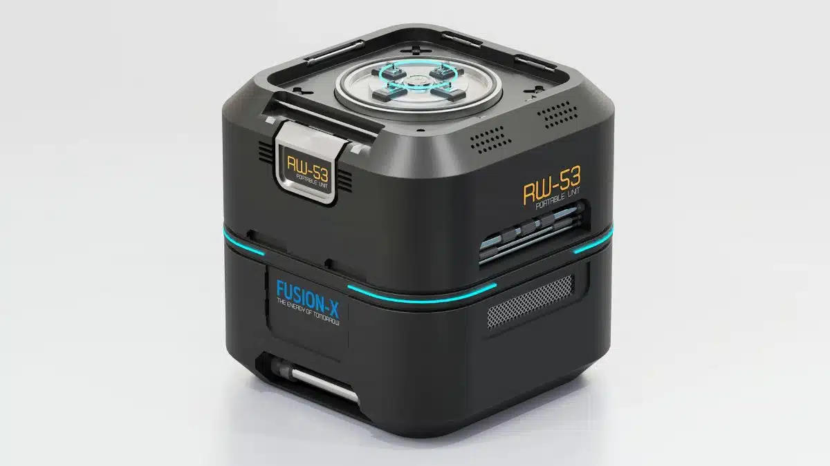 Modern RW-53 portable fusion energy unit showcased against a clean white background.