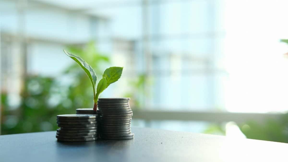 A small plant sprouting from stacked silver coins, symbolizing growth in finance.