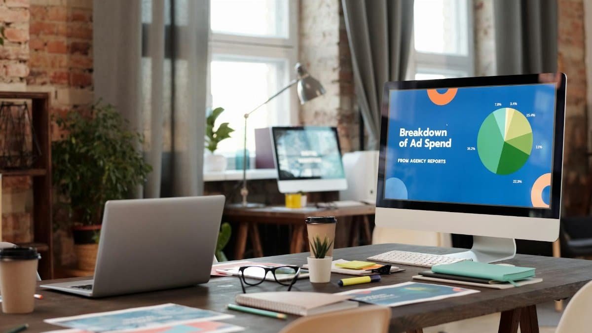 A modern office workspace featuring computers, charts, and office supplies for a productive environment.