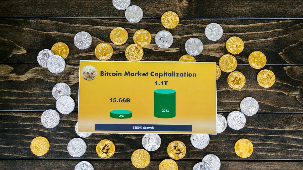 Bitcoin coins on wooden surface with chart showing market cap growth to 1.1T.