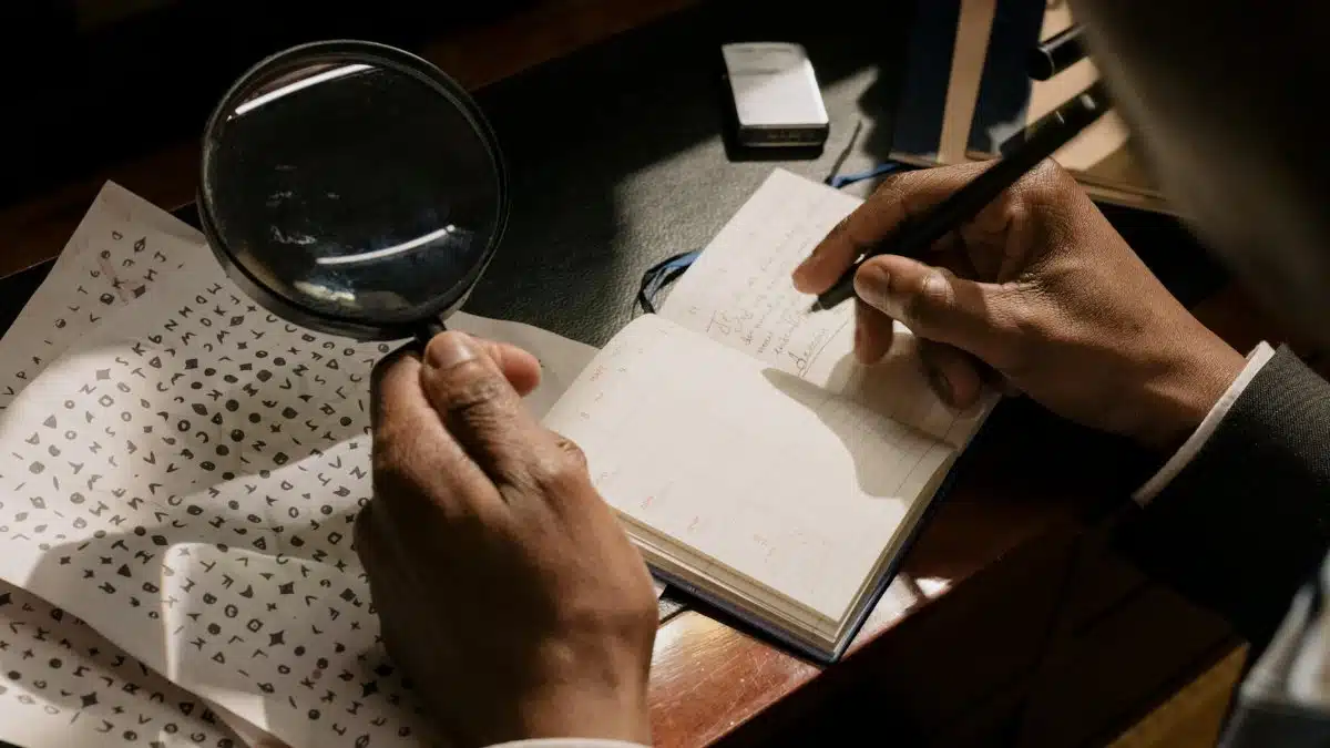 A detective decoding cipher documents with a magnifying glass, notebook in hand.