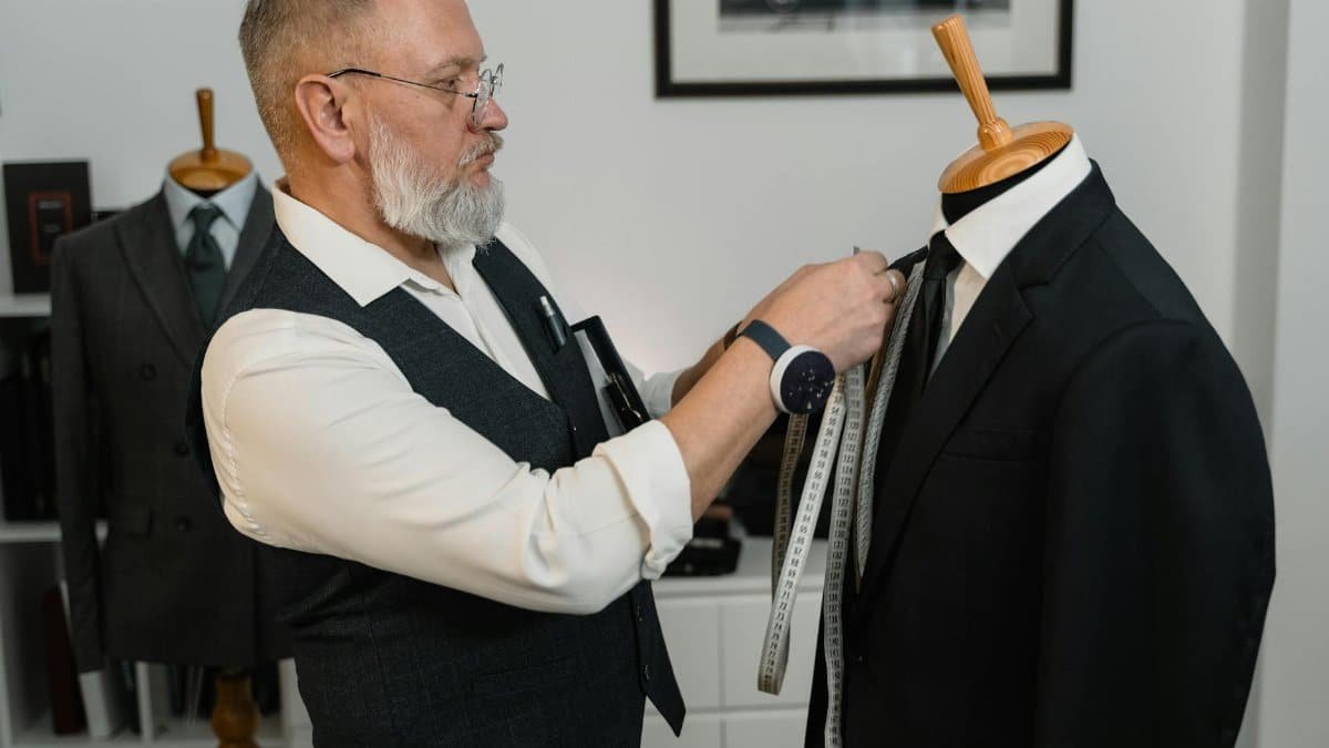 Elderly tailor adjusting a suit on a mannequin with precision in a fashion studio.