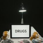 A dimly lit room with a sign displaying 'DRUGS' surrounded by money and illegal substances.