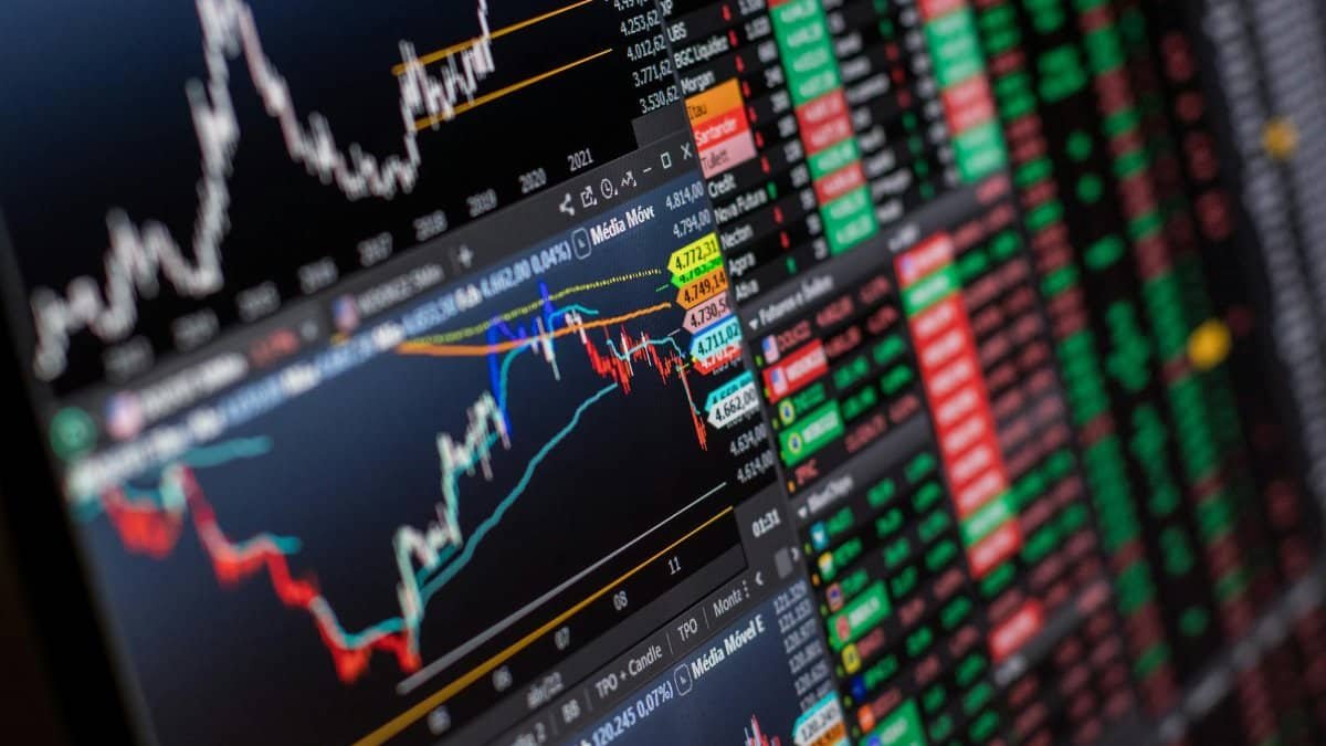 Detailed view of stock market charts and data on a monitor, showcasing market trends.