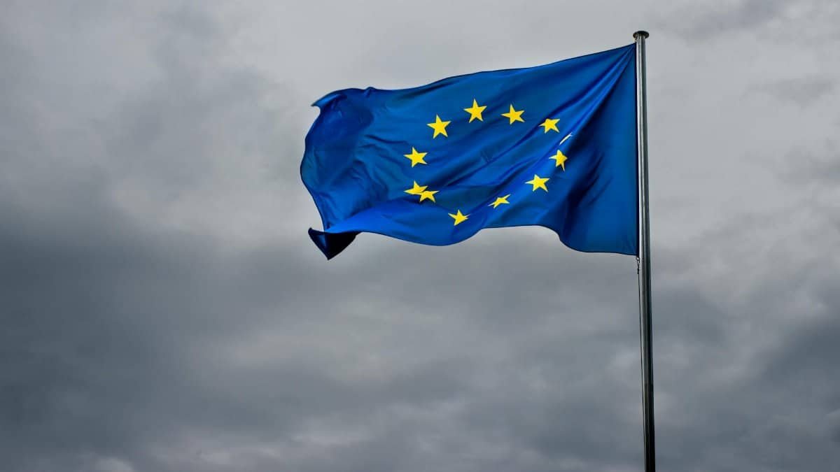 A vibrant EU flag flutters in the breeze against a dramatic cloudy backdrop. Symbol of unity.